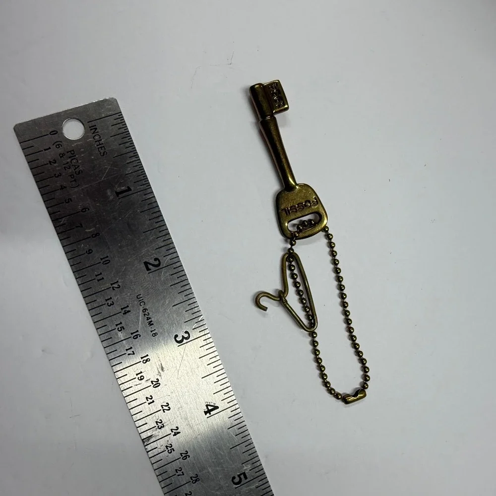 Fossil Vintage Brass Key Shape Keychain Charm 1954 with Mini Hanger Fob